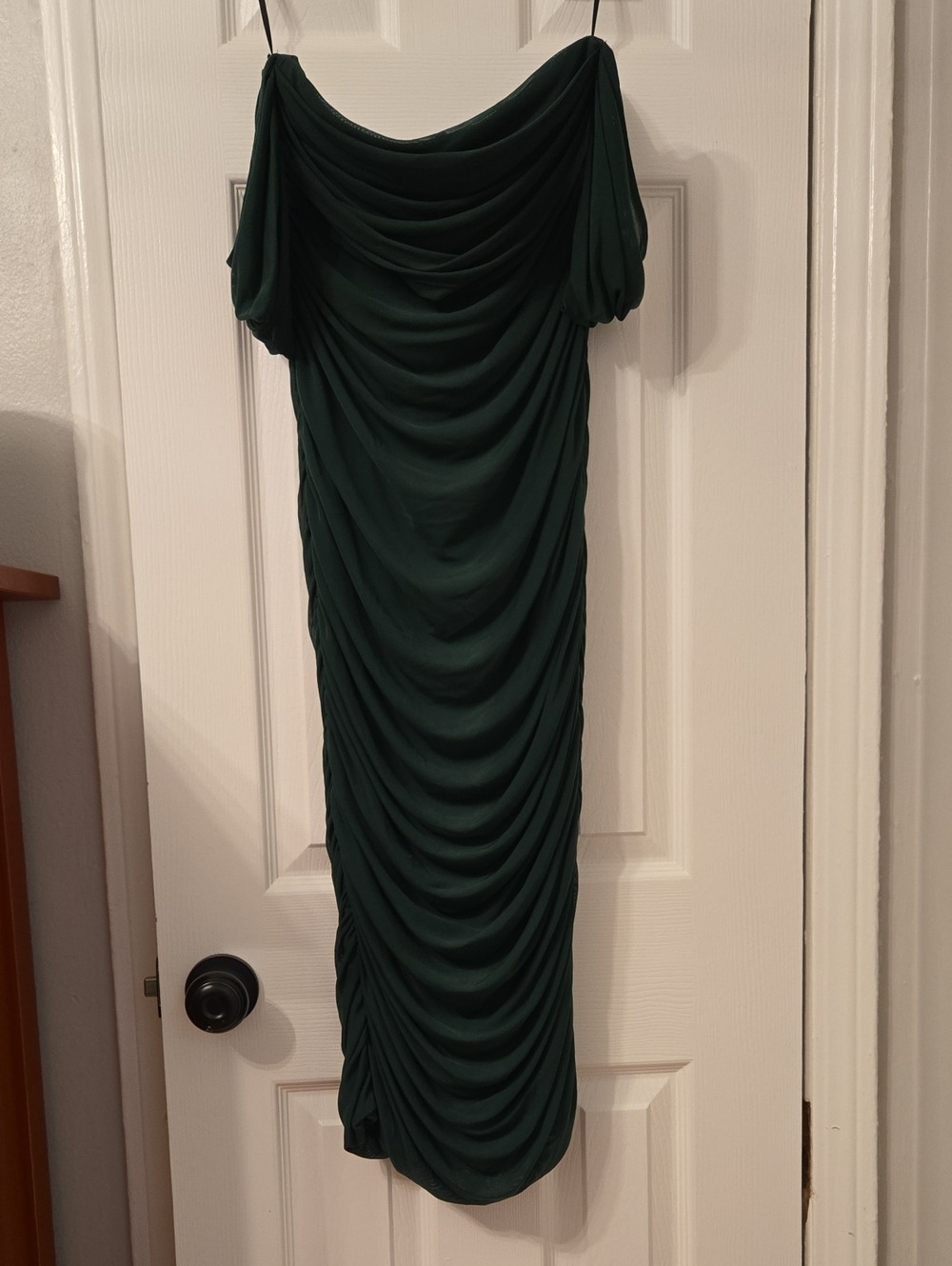 Petal & Pup Dark Green Off-Shoulder Ruched Midi Dress